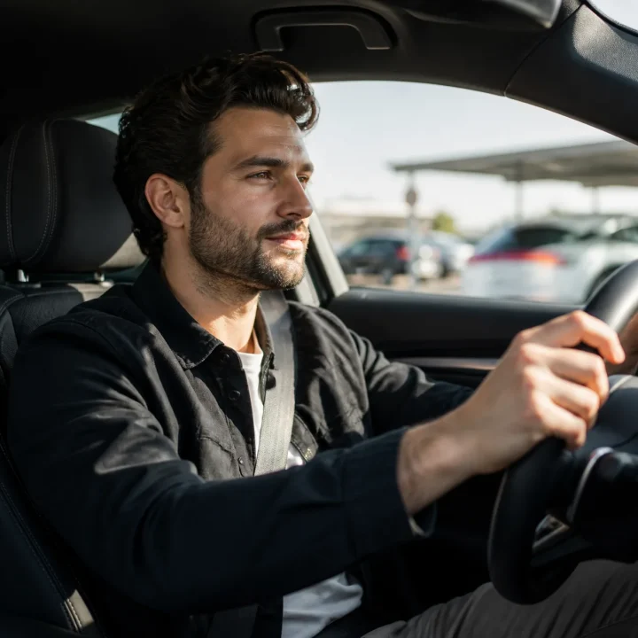 Ταξιδιώτης μέσα στο αυτοκίνητό του σε χώρο parking αεροδρομίου